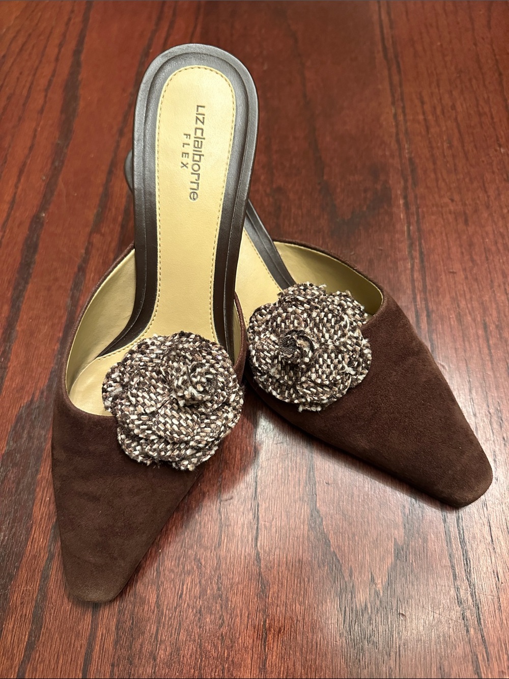 Liz Claiborne Brown Suede Pointed-Toe Mules with Tweed Rosette | 8.5